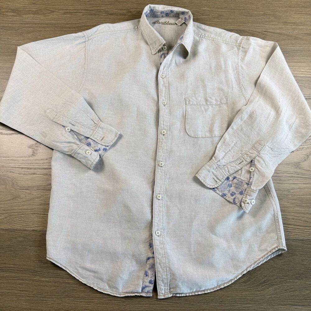 Caribbean Shirt Men Large Linen Cotton Blend Beige Travel Summer Resort Beach